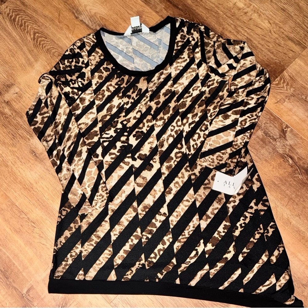 Allison Taylor Tunic Women’s L Top Black Brown Leopard  Asymmetrical Hem Y2K NWT